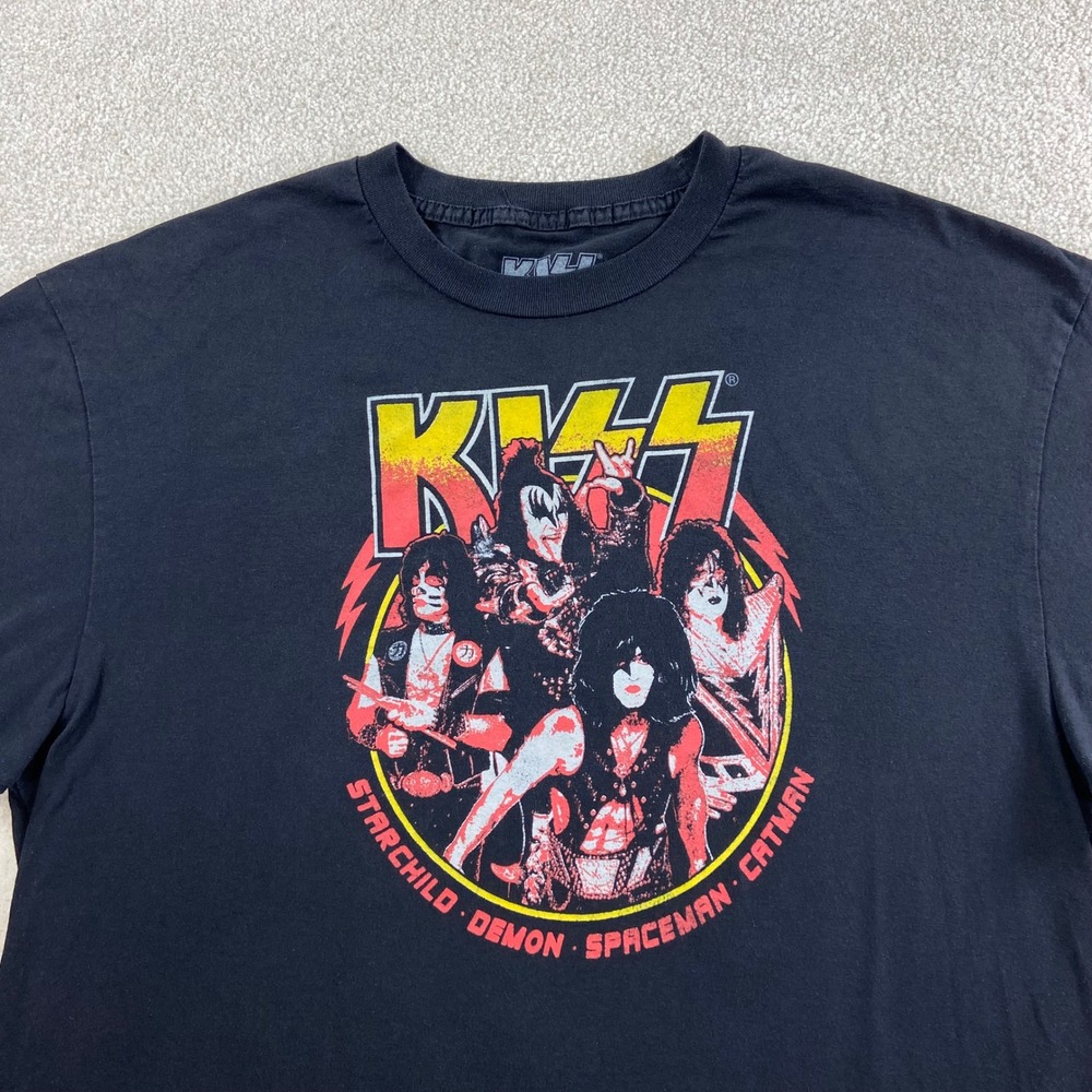 KISS Band Graphic T-Shirt Mens 1XLT Black Starchild Demon Spaceman Catman Tee